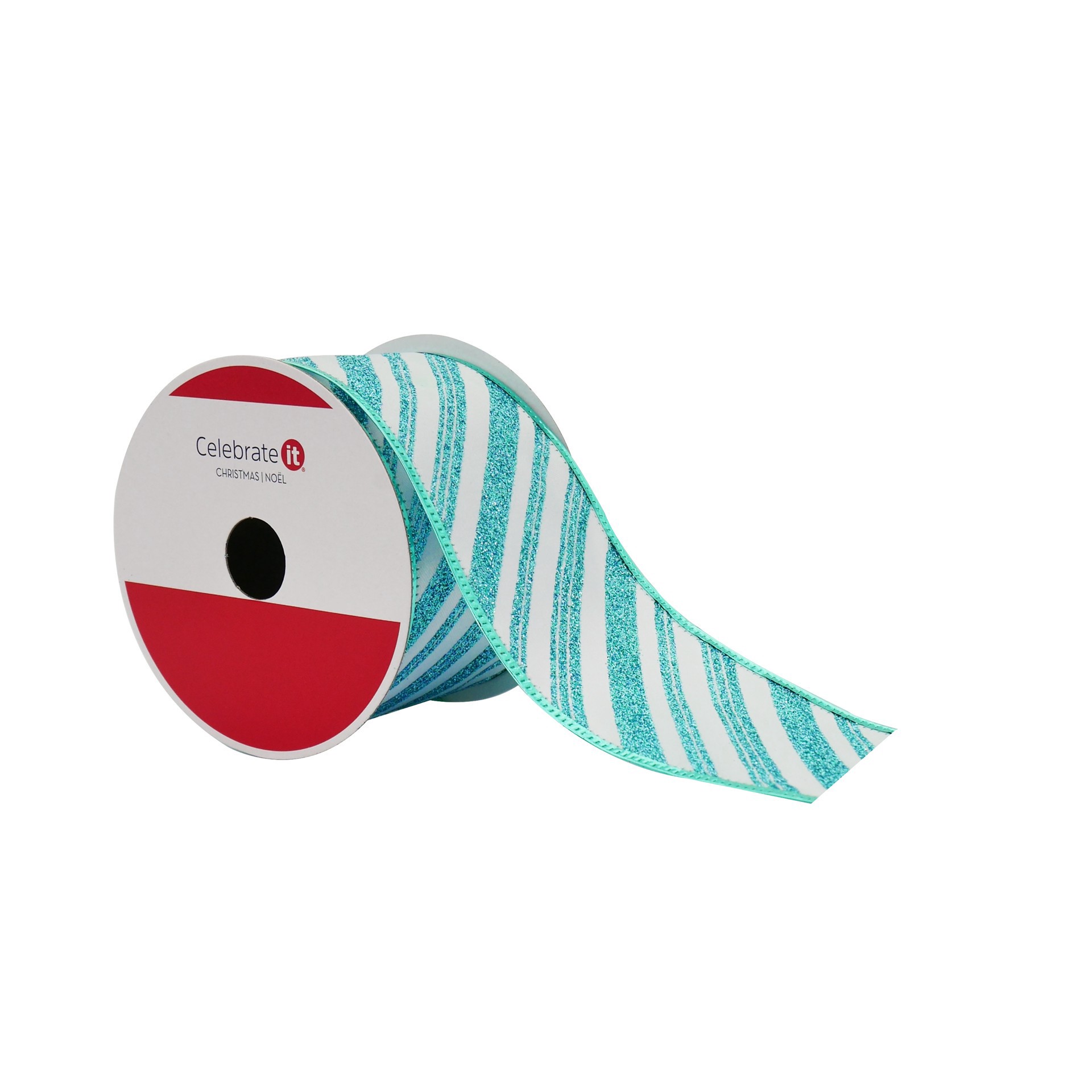 slide 3 of 3, 2.5" X 20ft. Turquoise Glitter Diagonal Stripes Wired Taffeta Ribbon By Celebrate It, 2.5 in x 20 ft