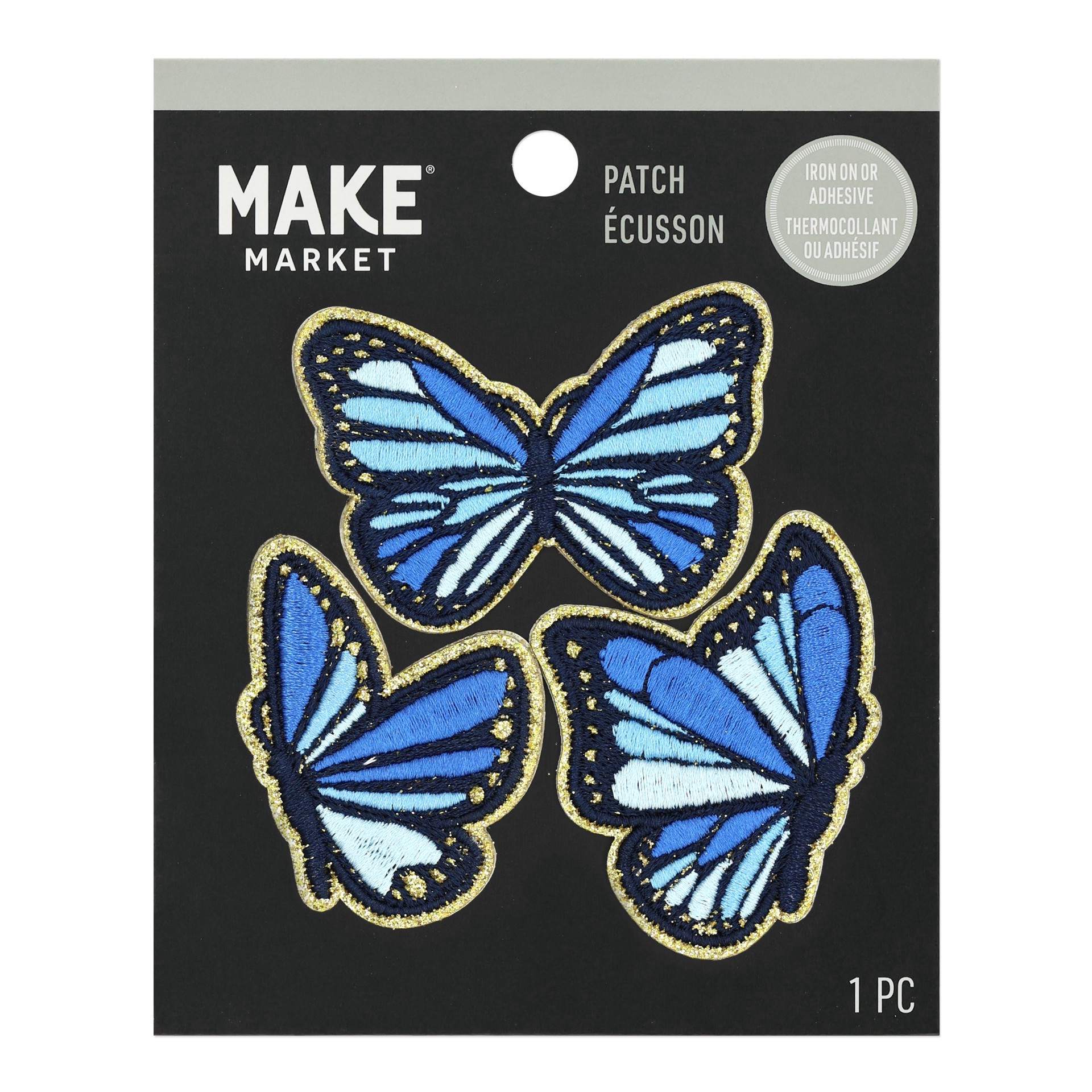 slide 2 of 3, Blue Butterfly Iron On & Adhesive Patches By Make Market, 1.4 in x 1.8 in