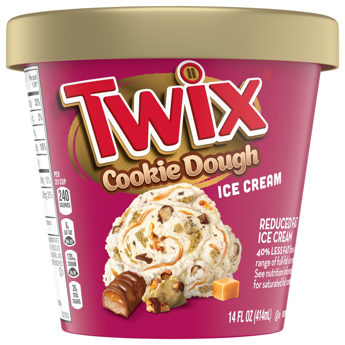 slide 9 of 12, TWIX Cookie Dough and Caramel Ice Cream Reduced Fat Cookie Dough Ice Cream with TWIX Candy Bar Pieces, 14 Oz, 14 fl oz