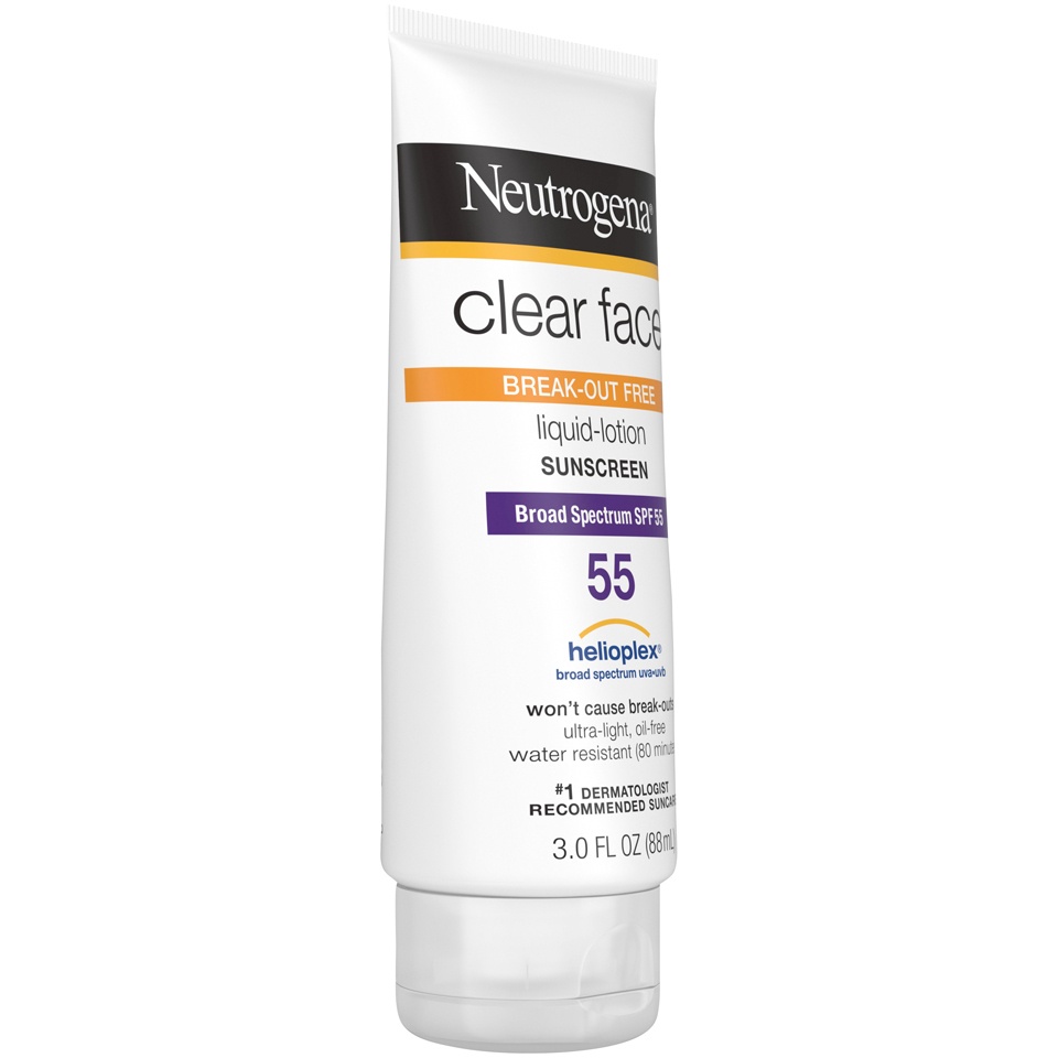 slide 2 of 6, Neutrogena Clear Face Liquid Lotion Sunscreen for Acne-Prone Skin, Broad Spectrum SPF 55 with Helioplex Technology, Oil-Free, Fragrance-Free & Non-Comedogenic Facial Sunscreen, 3 oz