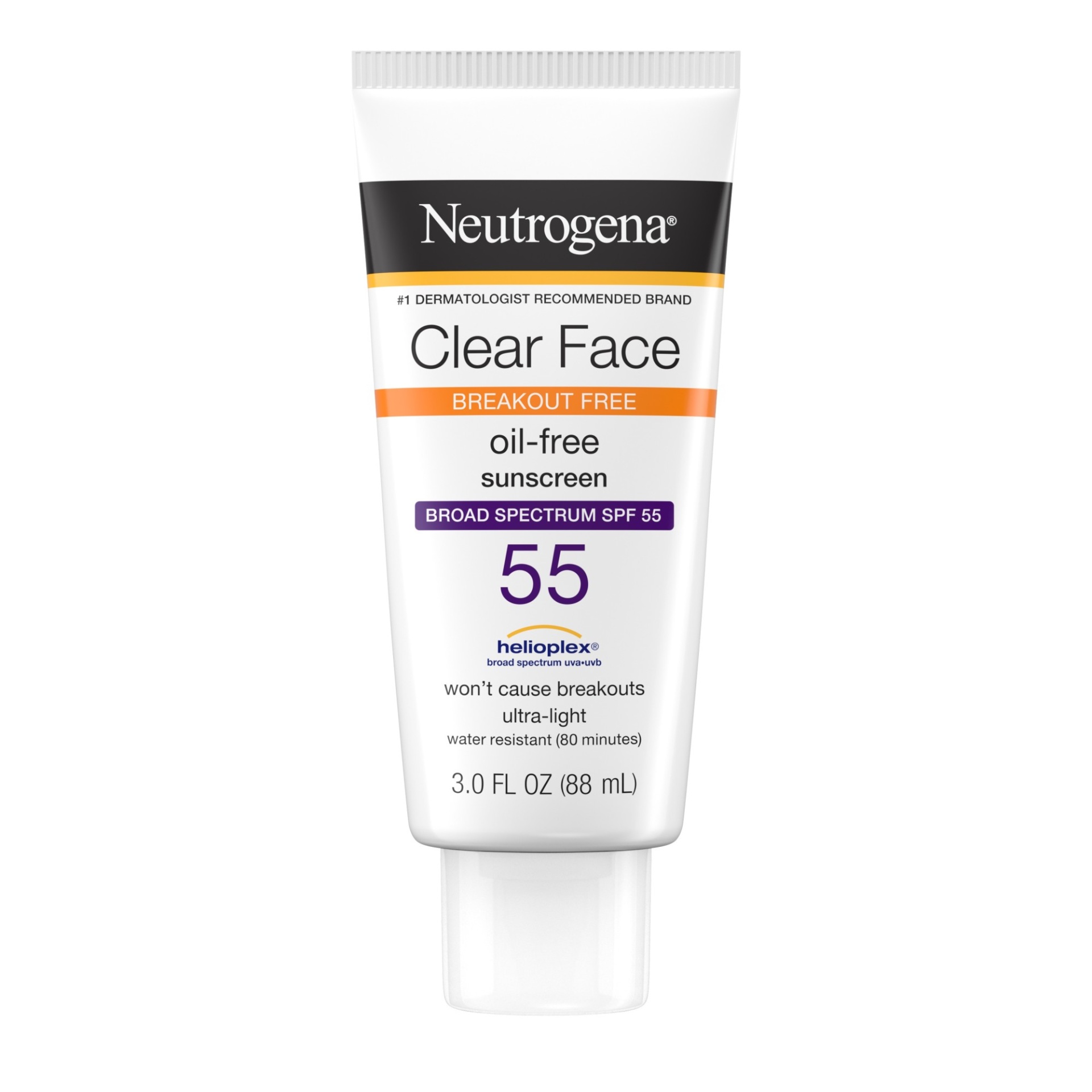 slide 1 of 6, Neutrogena Clear Face Liquid Lotion Sunscreen for Acne-Prone Skin, Broad Spectrum SPF 55 with Helioplex Technology, Oil-Free, Fragrance-Free & Non-Comedogenic Facial Sunscreen, 3 oz