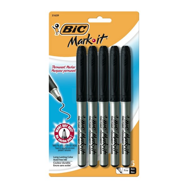slide 1 of 1, Bic Mark-It Fine Permanent Markers, Black, Pack Of 5, 5 ct