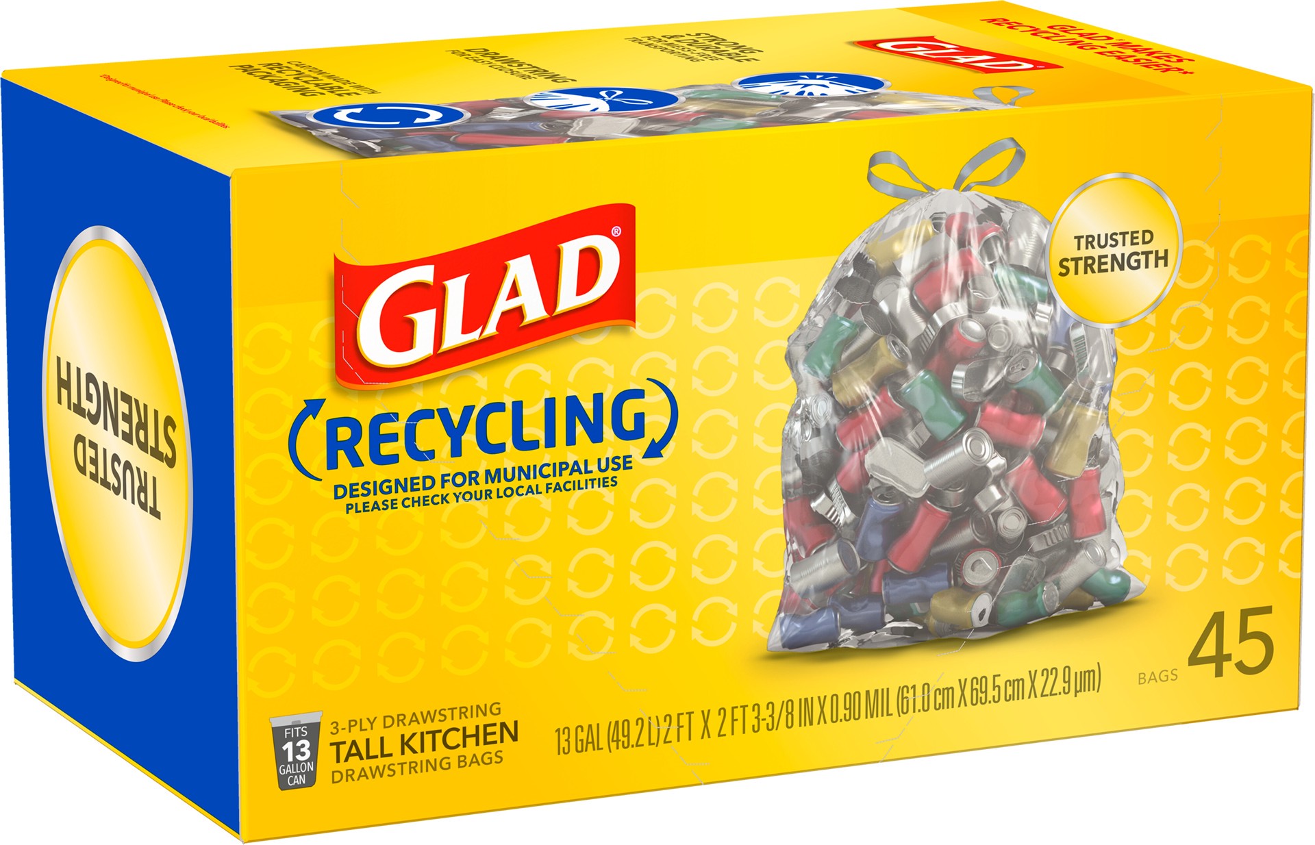 slide 5 of 5, Glad Recycling 3-Ply Drawstring Bags Tall Kitchen 45 ea, 45 ct