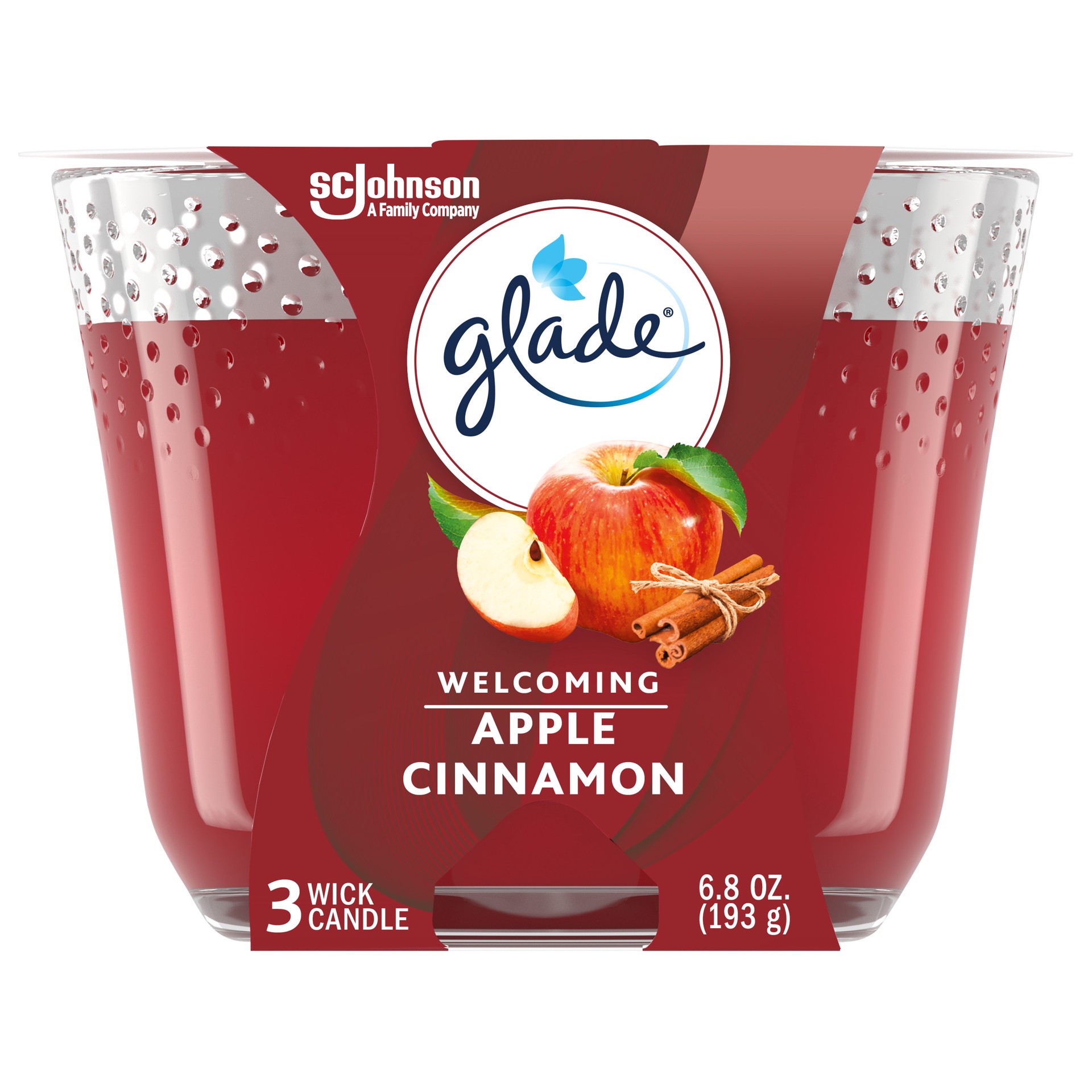 slide 5 of 5, Glade Candle Apple Cinnamon Scent, 3-Wick, 6.8 oz (193 g), 1 Count, Fragrance Infused with Essential Oils, Notes of McIntosh Apple, Cinnamon Spice, Sweet Vanilla, Lead-Free Wick Scented Candles, 6.8 oz