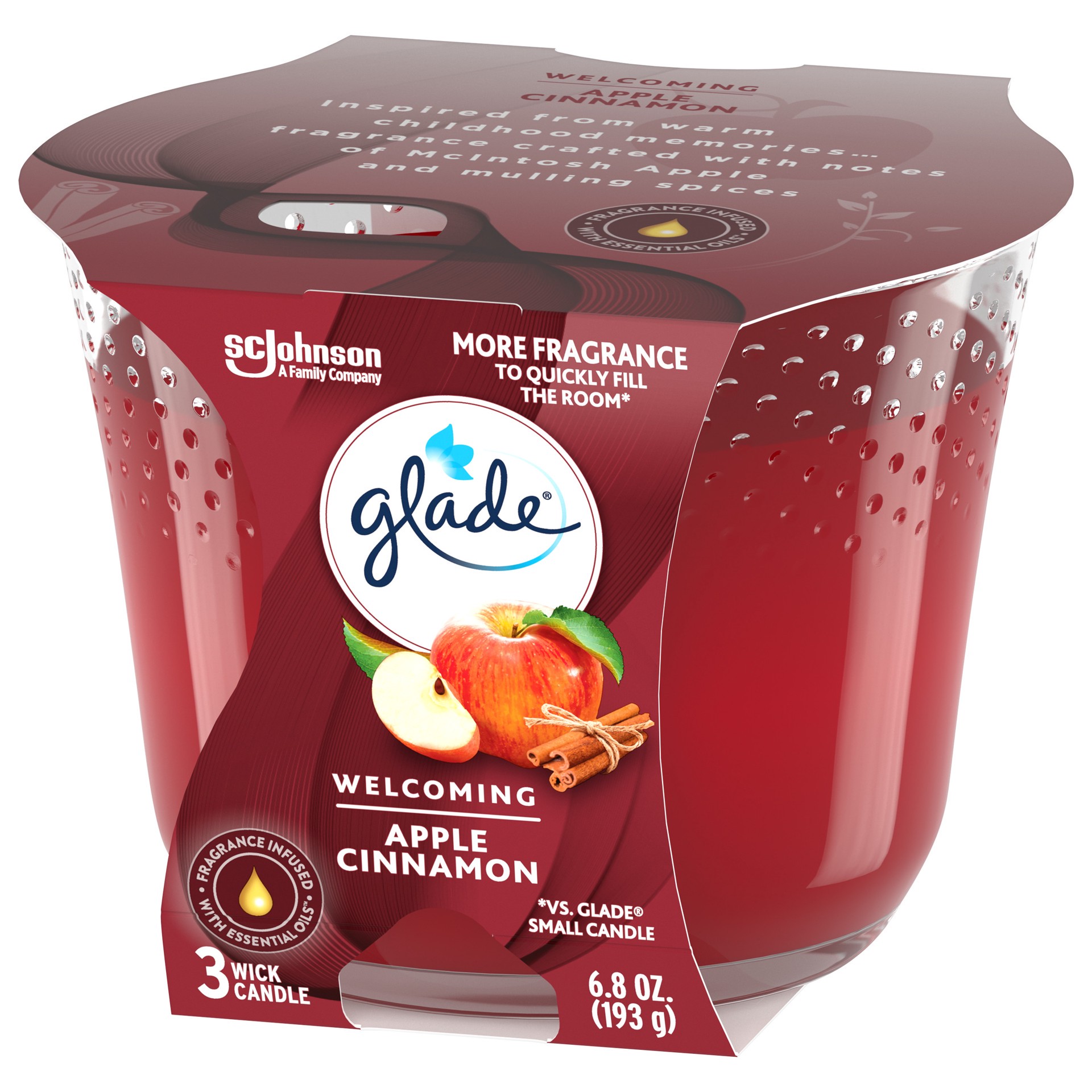 slide 3 of 5, Glade Candle Apple Cinnamon Scent, 3-Wick, 6.8 oz (193 g), 1 Count, Fragrance Infused with Essential Oils, Notes of McIntosh Apple, Cinnamon Spice, Sweet Vanilla, Lead-Free Wick Scented Candles, 6.8 oz