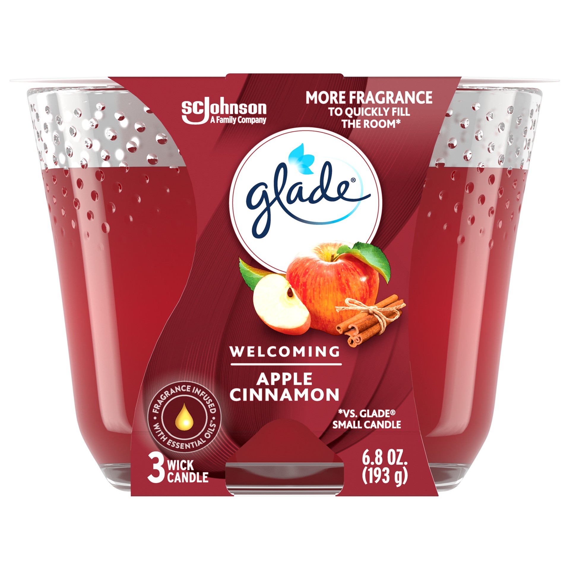 slide 1 of 5, Glade Candle Apple Cinnamon Scent, 3-Wick, 6.8 oz (193 g), 1 Count, Fragrance Infused with Essential Oils, Notes of McIntosh Apple, Cinnamon Spice, Sweet Vanilla, Lead-Free Wick Scented Candles, 6.8 oz