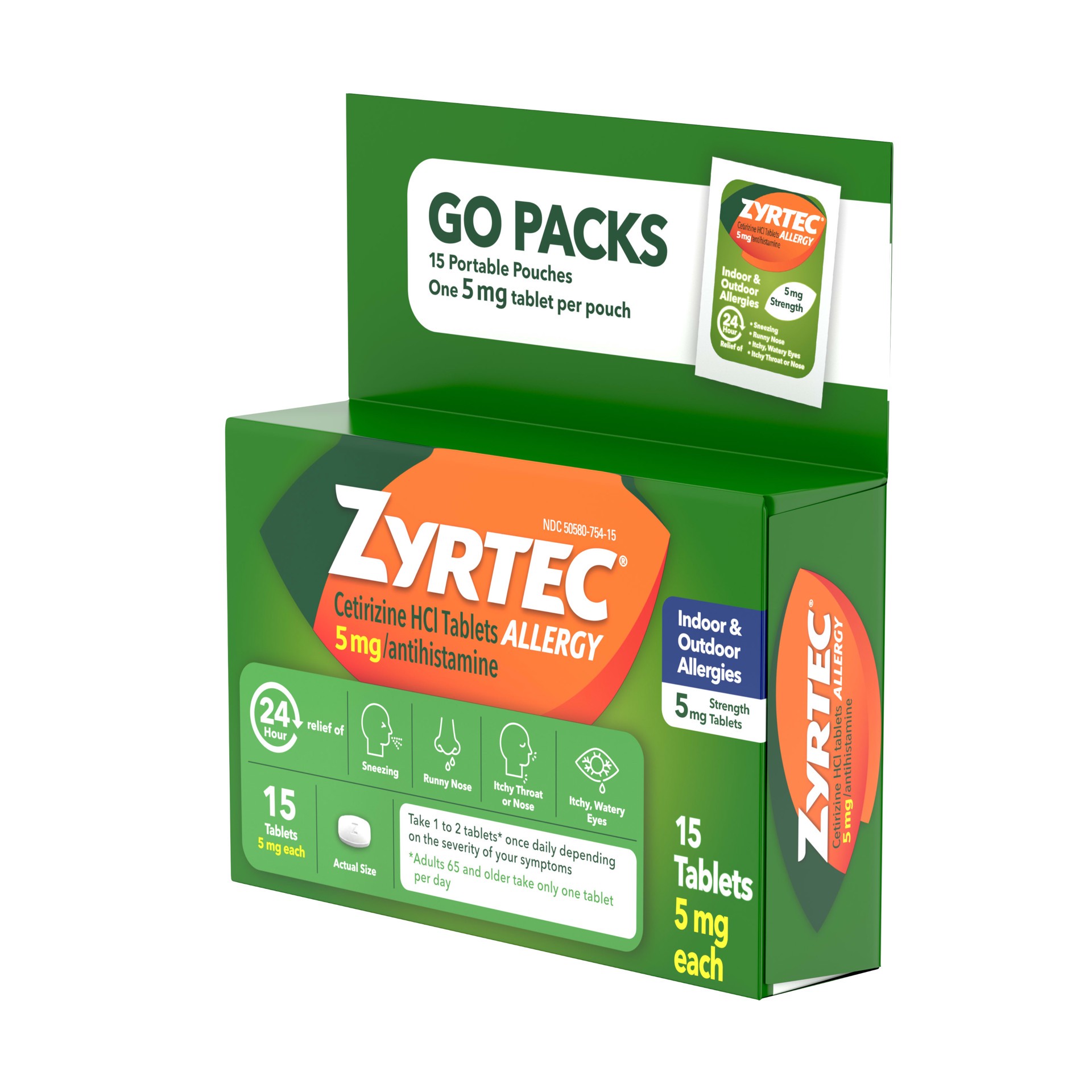 slide 2 of 9, Zyrtec 24 Hour Allergy Relief Tablets, 5 mg Cetirizine HCl, Go Packs, 15 count, 15 ct