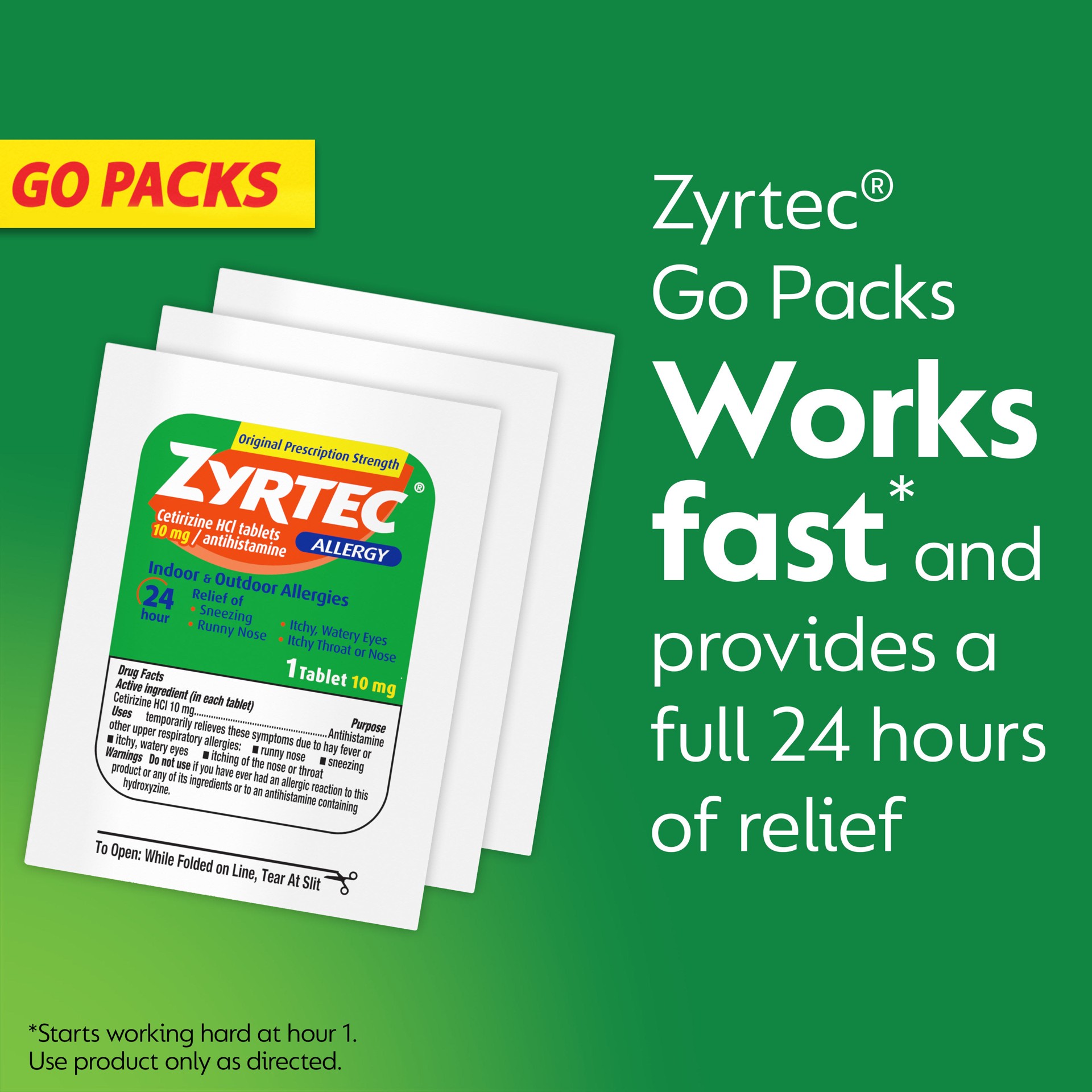 slide 5 of 9, Zyrtec 24 Hour Allergy Relief Tablets, 5 mg Cetirizine HCl, Go Packs, 15 count, 15 ct