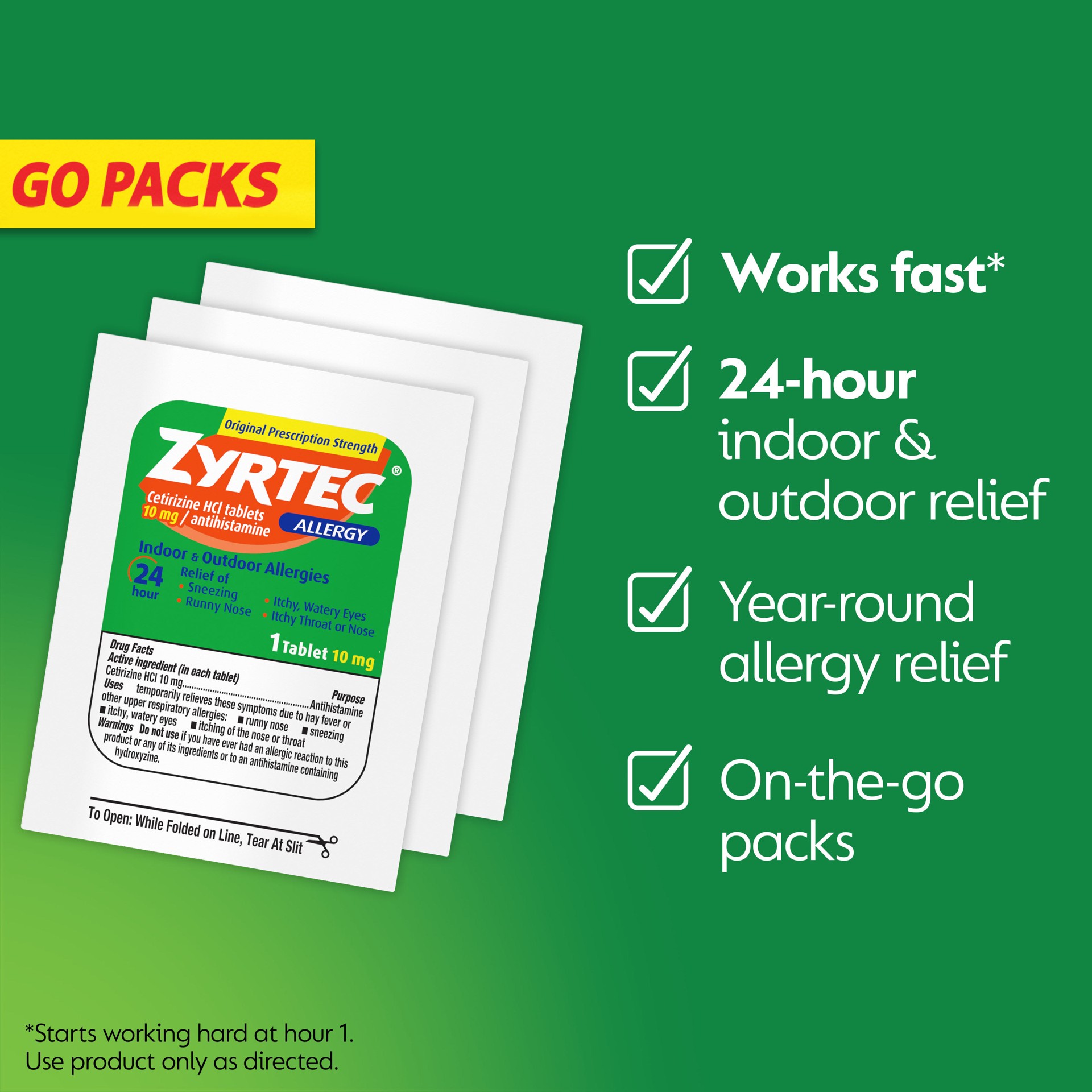 slide 4 of 9, Zyrtec 24 Hour Allergy Relief Tablets, 5 mg Cetirizine HCl, Go Packs, 15 count, 15 ct