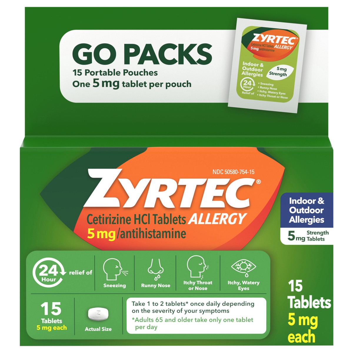 slide 1 of 9, Zyrtec 24 Hour Allergy Relief Tablets, 5 mg Cetirizine HCl, Go Packs, 15 count, 15 ct