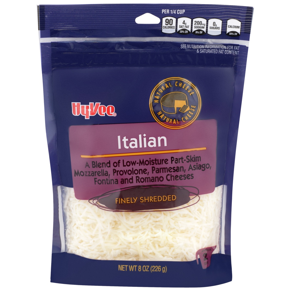 slide 1 of 1, Hy-vee Italian A Blend Of Low-moisture Part-skim Mozzarella, Provolone, Parmesan, Asiago, Fontina And Romano Finely Shredded Cheeses, 8 oz