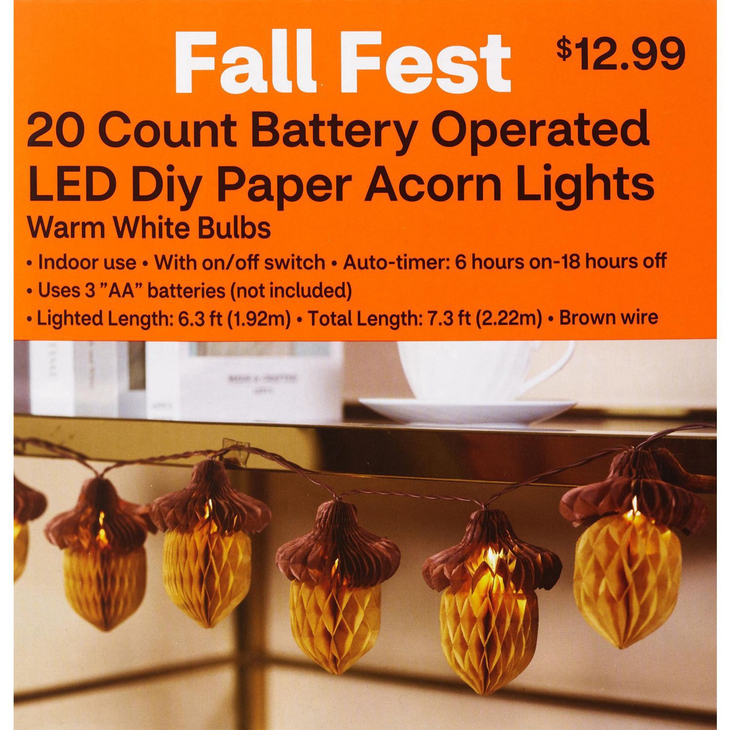 slide 1 of 1, Fall Fest 20ct B/o Led Diy Paper Acorn Lights With Timer, 20 ct