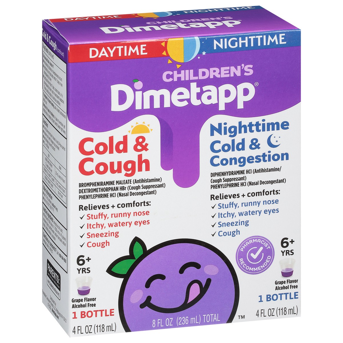 slide 2 of 10, Children's Dimetapp Day & Night, Cold & Cough, Nighttime Cold & Congestion Medicine, Grape Flavor, 4 fl oz