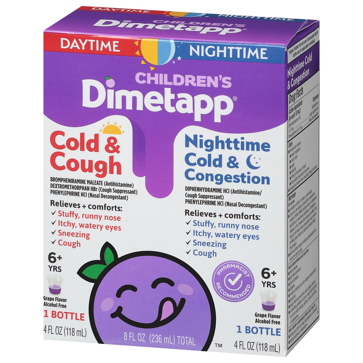 slide 10 of 10, Children's Dimetapp Day & Night, Cold & Cough, Nighttime Cold & Congestion Medicine, Grape Flavor, 4 fl oz
