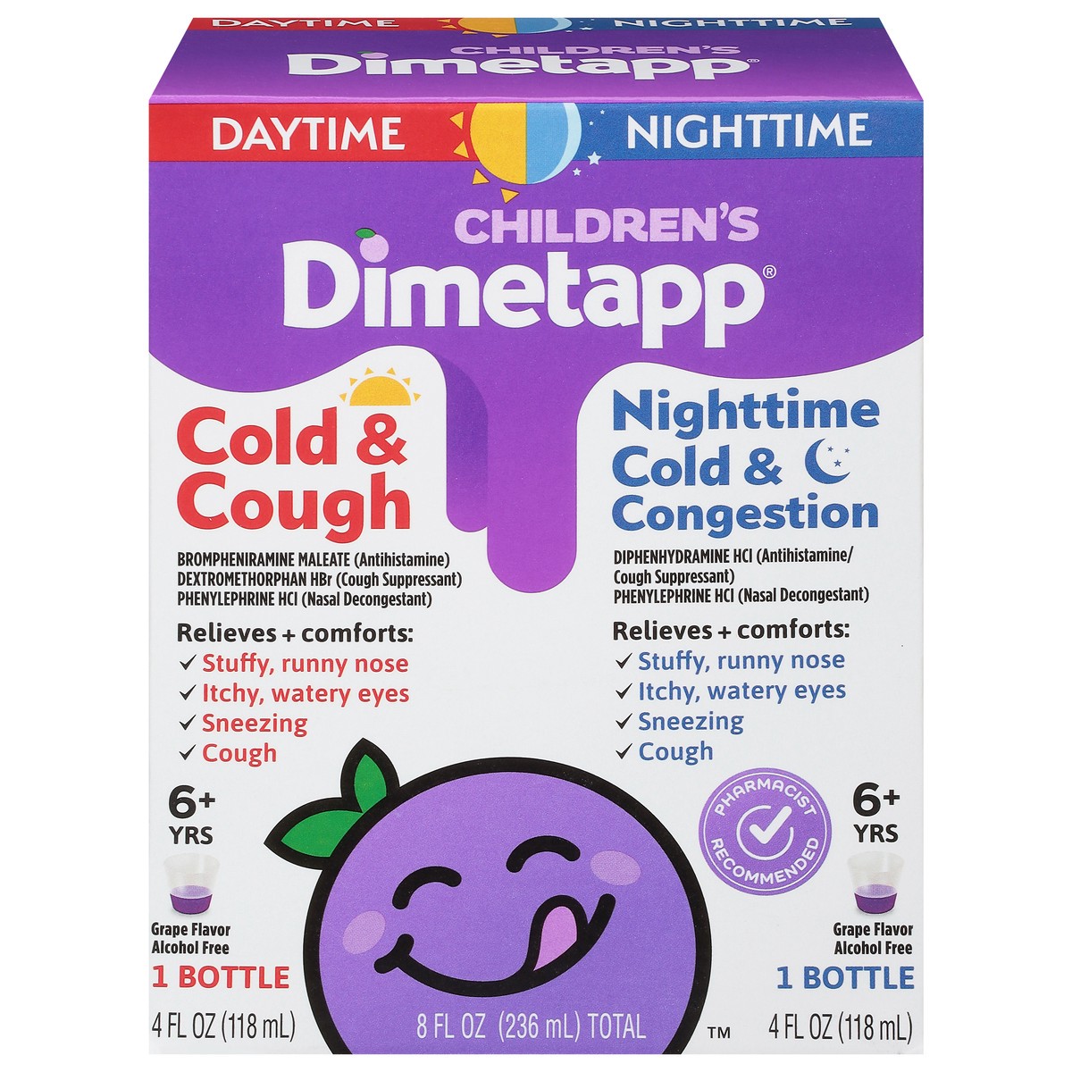 slide 7 of 10, Children's Dimetapp Day & Night, Cold & Cough, Nighttime Cold & Congestion Medicine, Grape Flavor, 4 fl oz