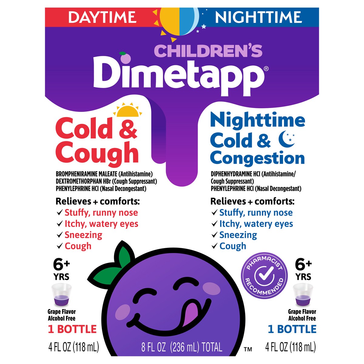 slide 1 of 10, Children's Dimetapp Day & Night, Cold & Cough, Nighttime Cold & Congestion Medicine, Grape Flavor, 4 fl oz