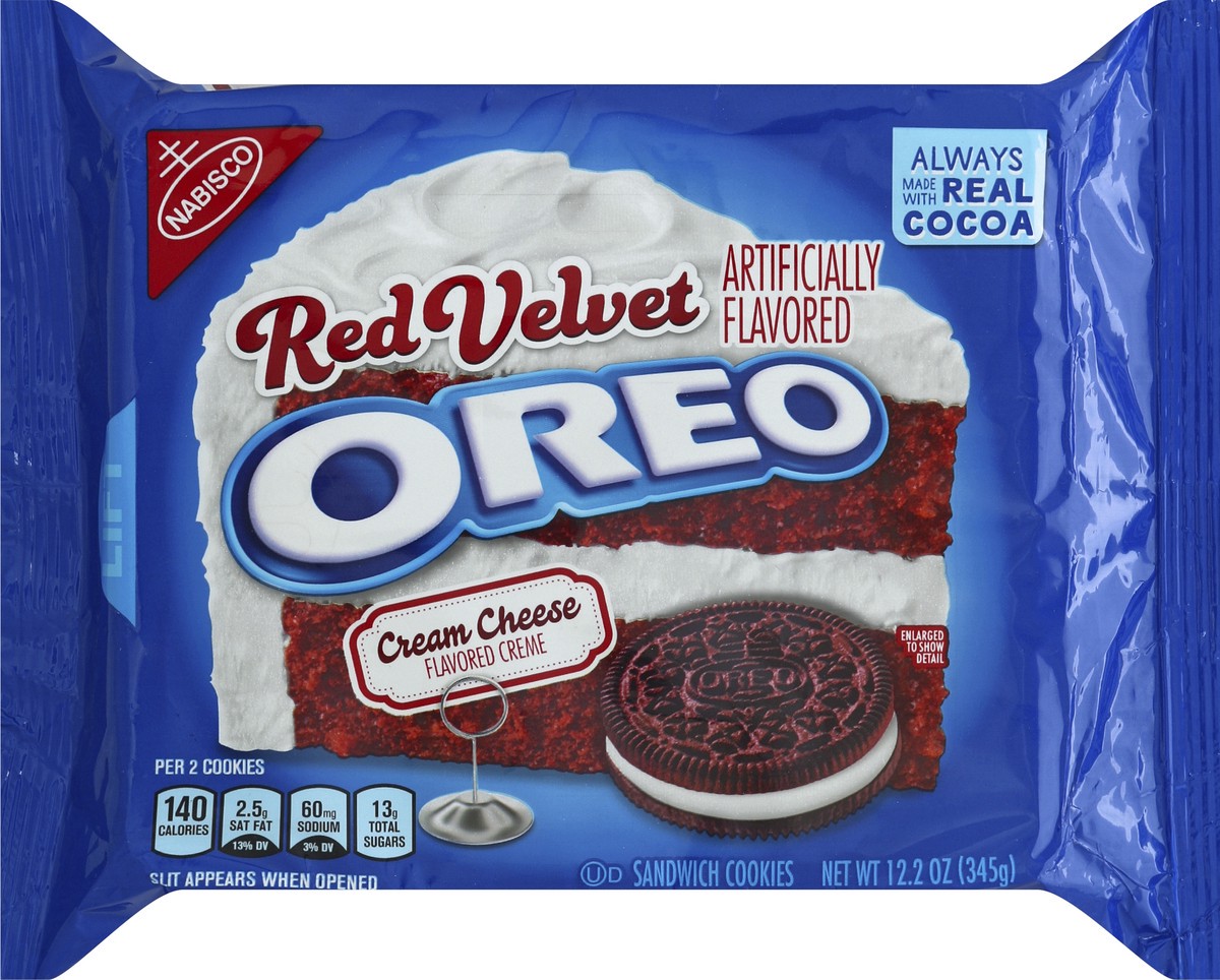 slide 6 of 6, OREO Red Velvet Cream Cheese Flavored Creme Sandwich Cookies, 12.2 oz, 0.8 lb