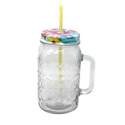 Blue Harbor Fish Co. Mason Glass Jar with Straw and Handle