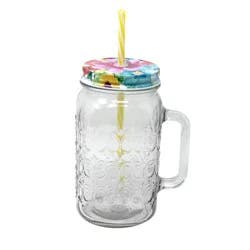 Blue Harbor Fish Co. Mason Glass Jar with Straw and Handle