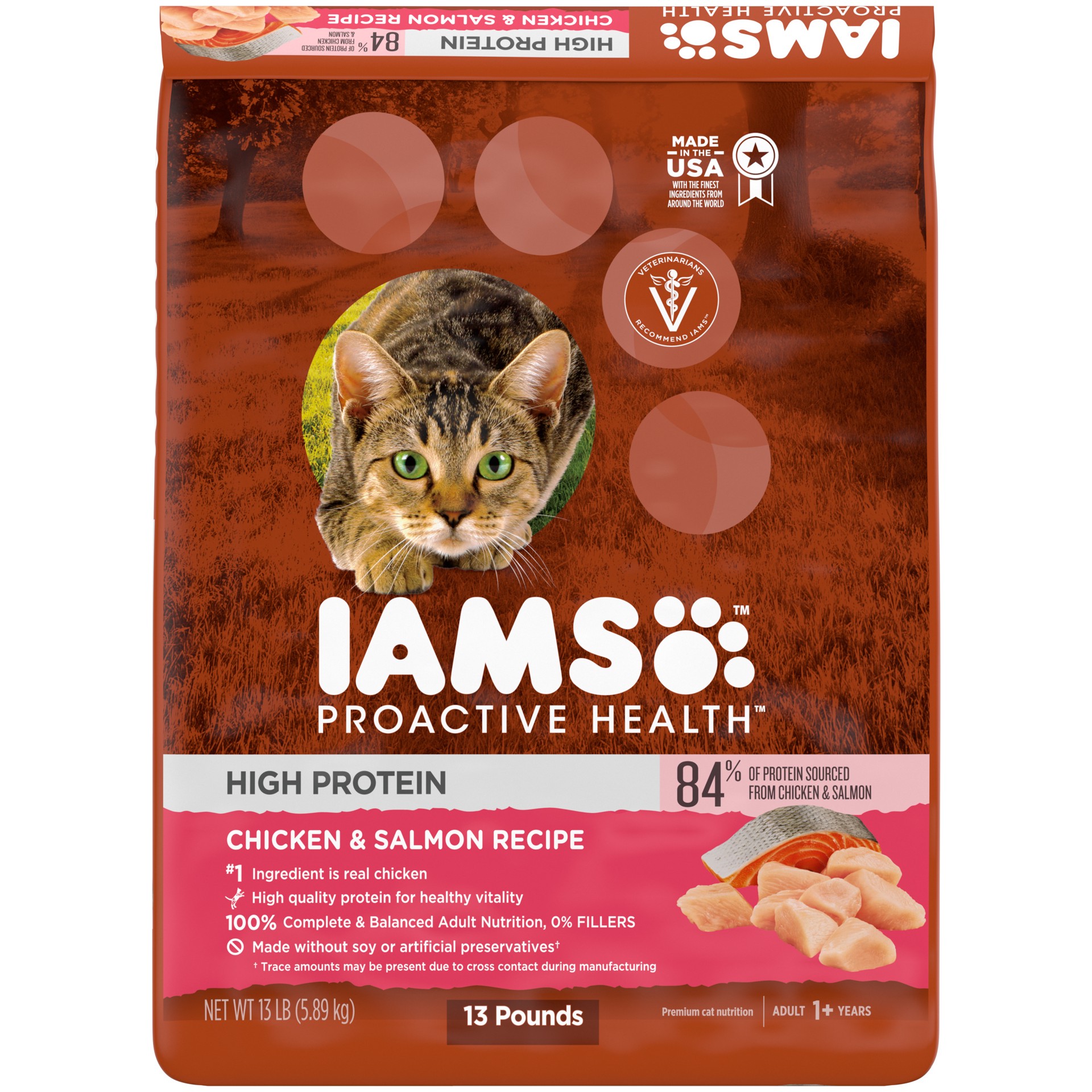 slide 1 of 5, IAMS PROACTIVE HEALTH High Protein Adult Dry Cat Food with Chicken & Salmon Cat Kibble, 13 lb. Bag, 13 lb