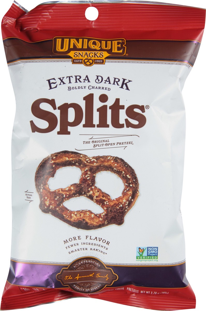 slide 9 of 9, Unique Snacks Splits Boldly Charred Extra Dark Pretzels 3.70 oz, 3.7 oz