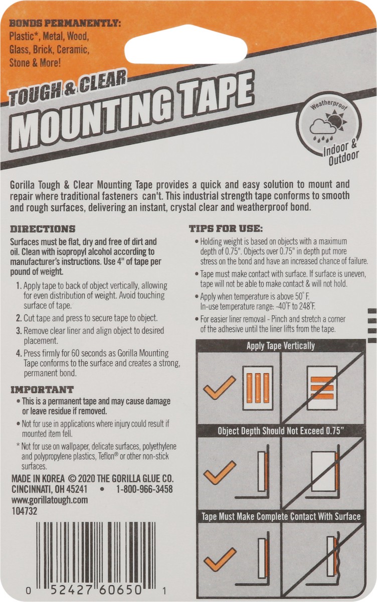 slide 4 of 9, Gorilla 60 Inch Tough & Clear Mounting Tape 1 ea, 1 ct