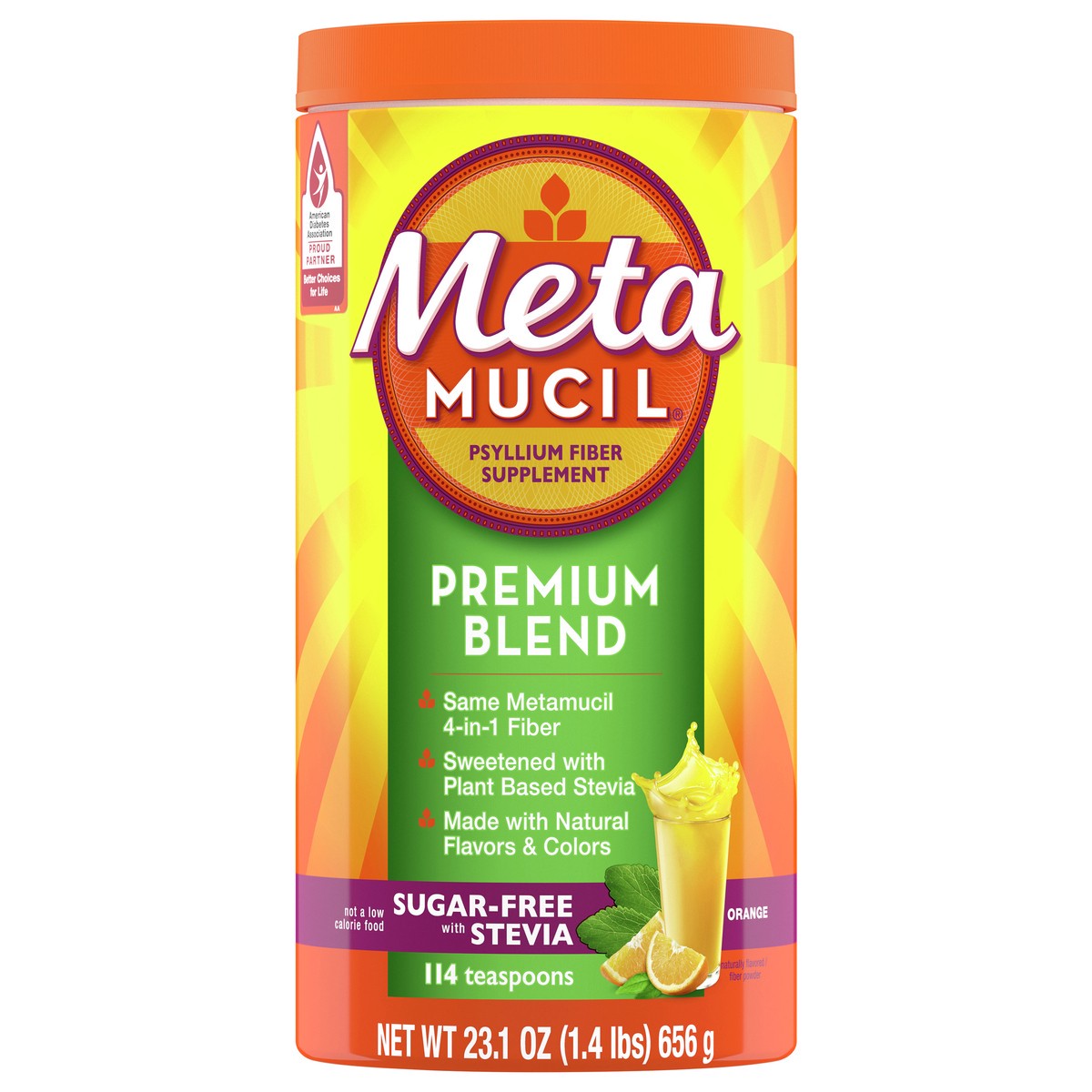 slide 1 of 9, Metamucil Orange Sugar-Free with Stevia Premium Blend Fiber Powder 23.1 oz Canister, 23.10 oz