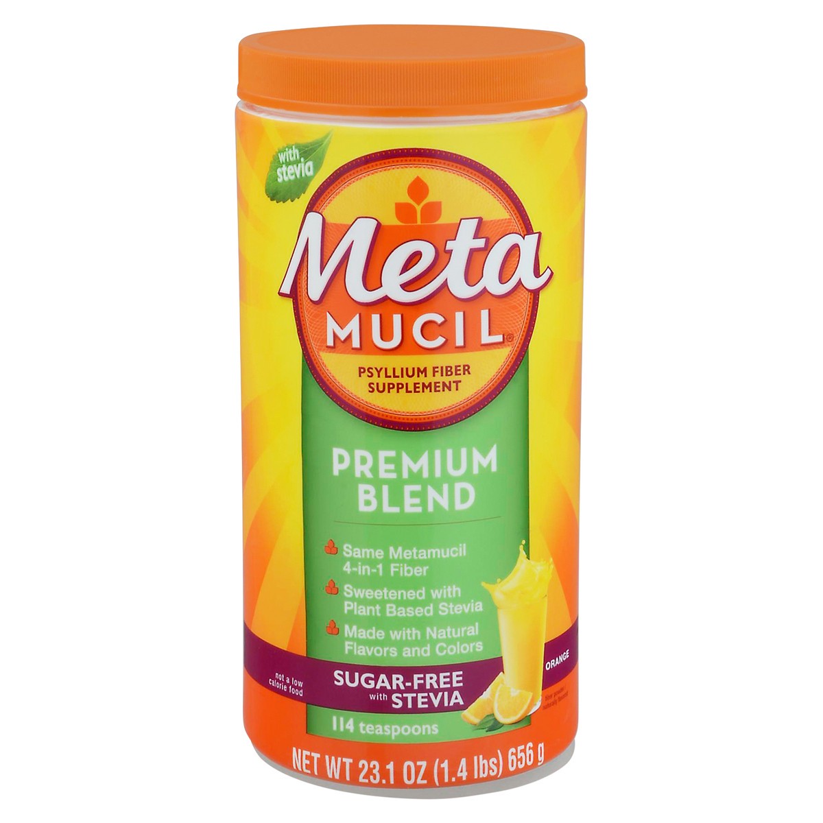 slide 1 of 1, Meta Mucil Sugar-Free with Stevia Premium Blend Orange Psyllium Fiber Powder 23.1 oz, 23.1 oz