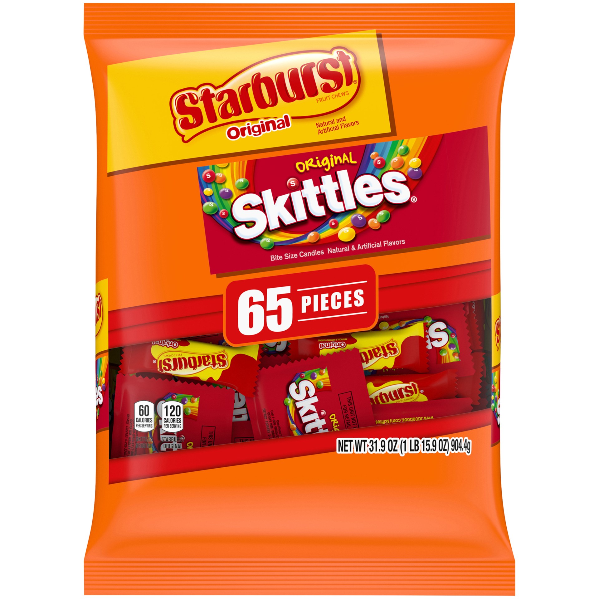 slide 1 of 8, Mixed SKITTLES & STARBURST Variety Pack Fun Size Chewy Candy Assortment, 31.9 oz, 65 Pieces Bag, 31.9 oz