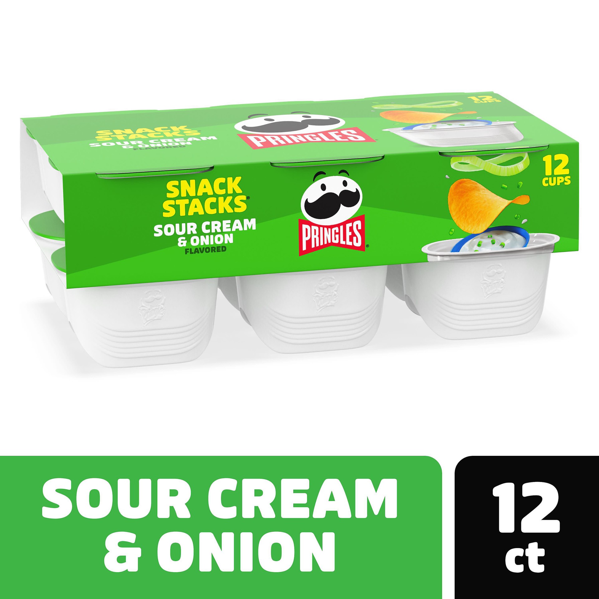 slide 1 of 5, Pringles Potato Crisps Chips, Lunch Snacks, On-the-Go Snacks, Snack Stacks, Sour Cream and Onion, 8.8oz Tray, 12 Cups, 8.8 oz