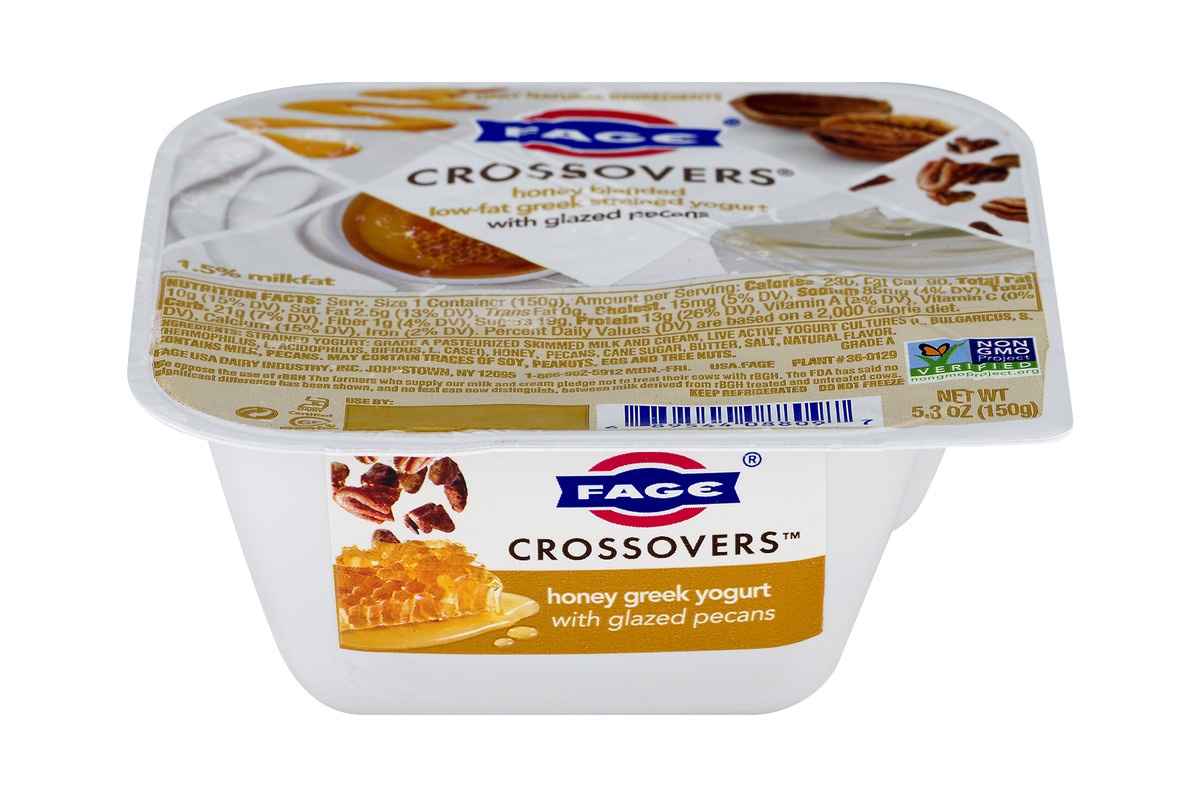 slide 1 of 1, Fage Crossovers Honey Blended Low-Fat Greek Strained Yogurt With Glazed Pecans, 5.3 oz