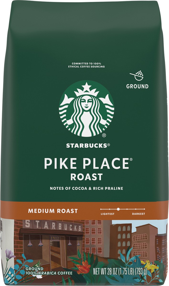 slide 3 of 9, Starbucks Ground Coffee, Medium Roast Coffee, Pike Place Roast, 100% Arabica, 1 Bag (28 Oz), 1.75 lb