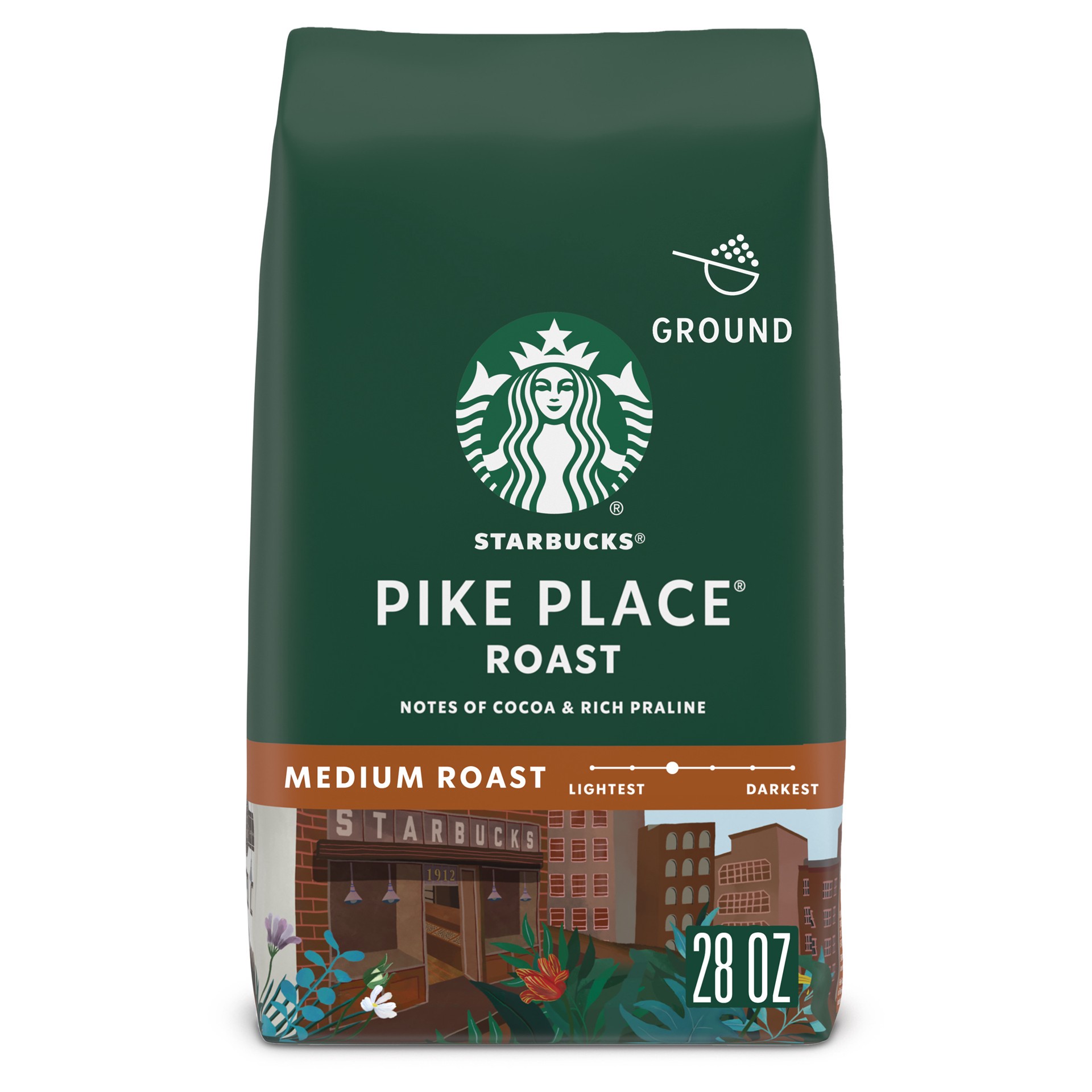 slide 1 of 9, Starbucks Ground Coffee, Medium Roast Coffee, Pike Place Roast, 100% Arabica, 1 Bag (28 Oz), 1.75 lb