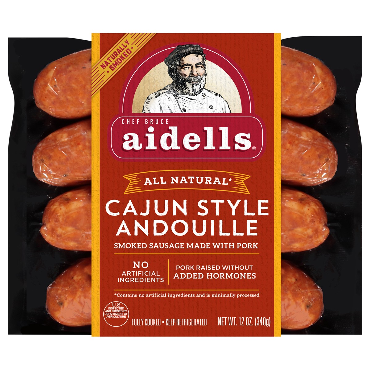 slide 1 of 3, Aidells Smoked Pork Sausage, Cajun Style Andouille, 12 oz. (4 Fully Cooked Links), 12 oz