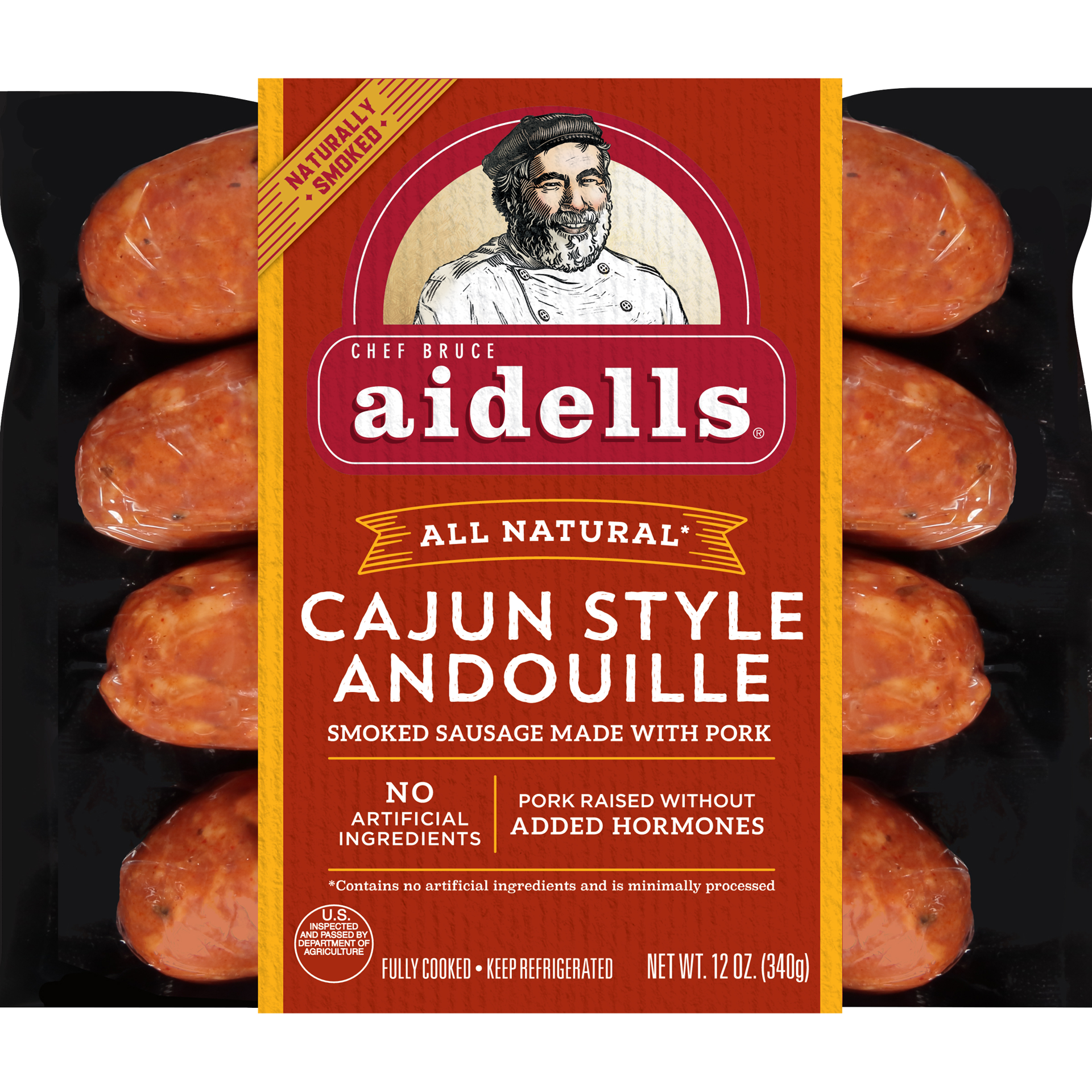 slide 1 of 3, Aidells Smoked Pork Sausage, Cajun Style Andouille, 12 oz. (4 Fully Cooked Links), 340.19 g