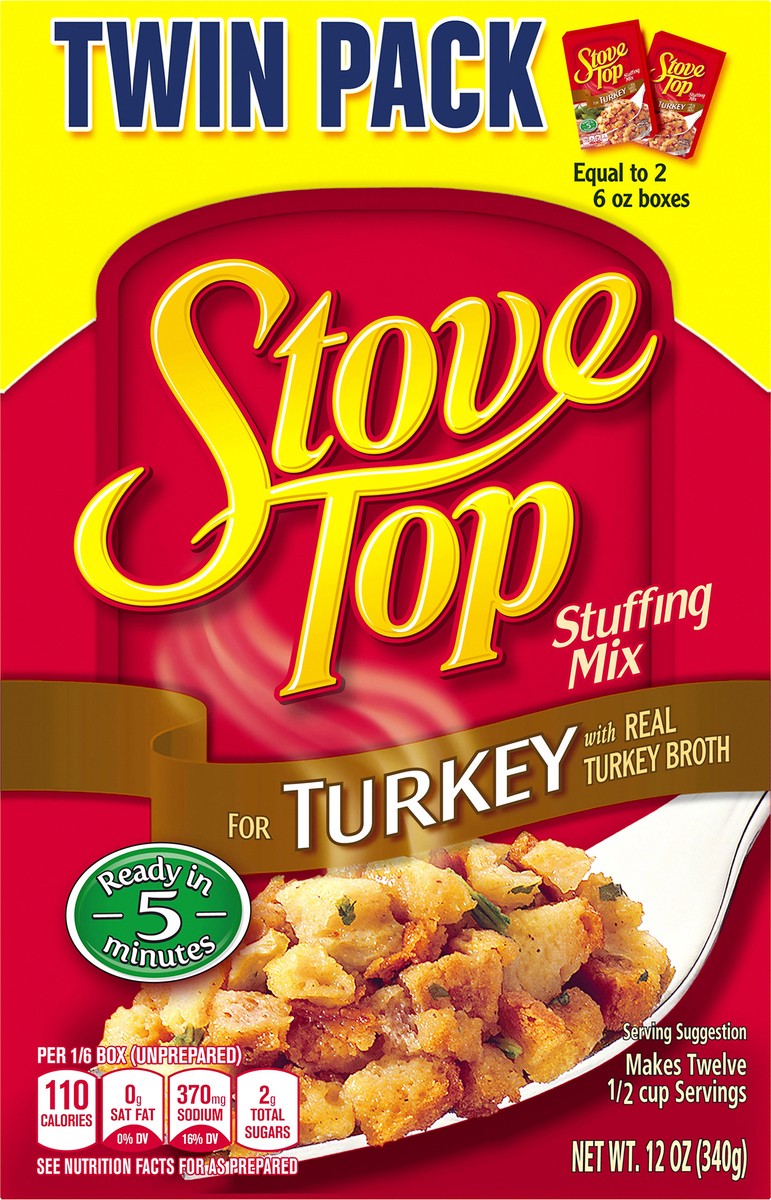 slide 1 of 9, Stove Top Stuffing Mix for Turkey, 2 ct Pack, 6 oz Boxes, 340 g