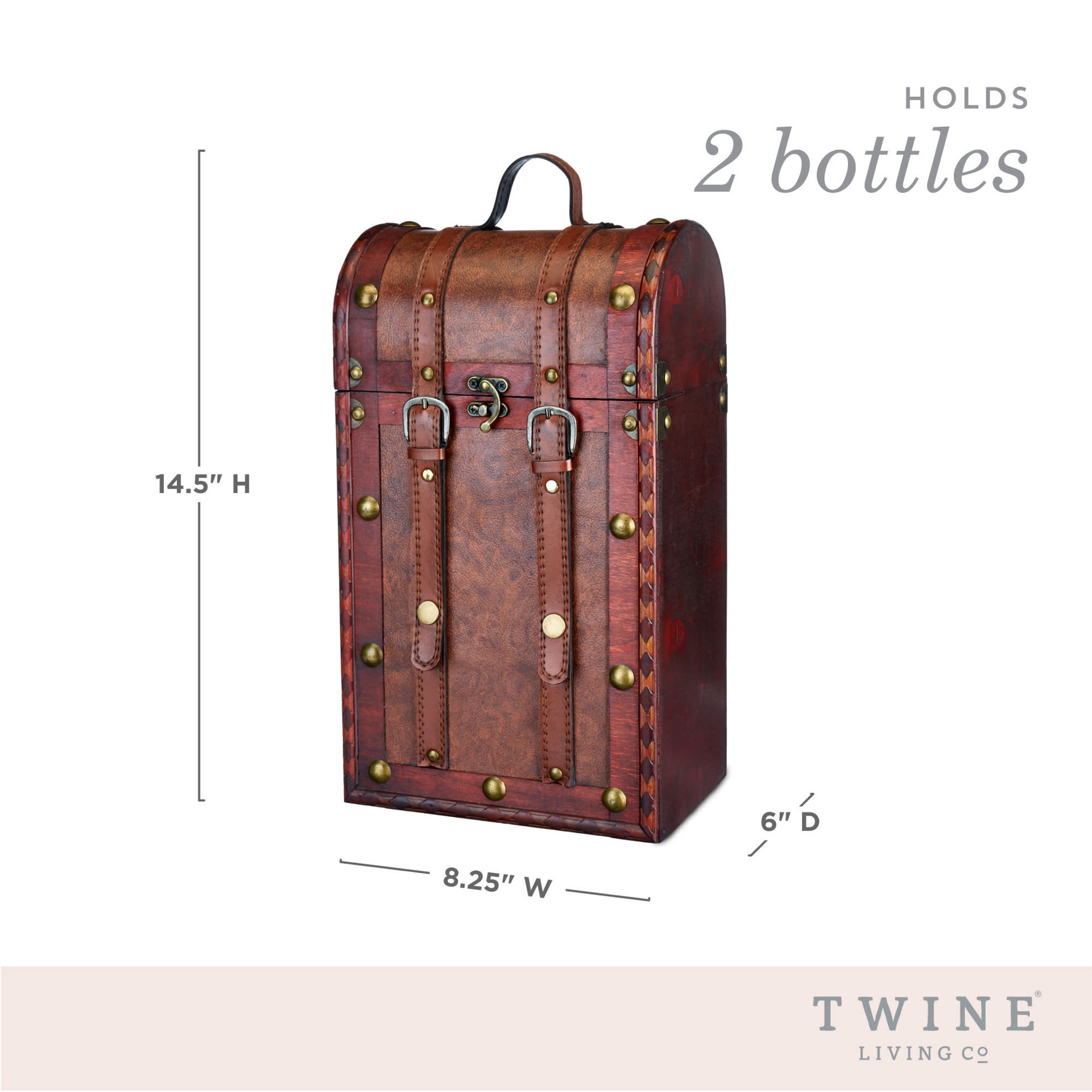 slide 5 of 5, Twine Antique 2 Bottle Wooden Decorative Wine Box with Lid and Handle, Wine Accessory Sets, Wood, Faux Leather, Brass Accents, 1 ct