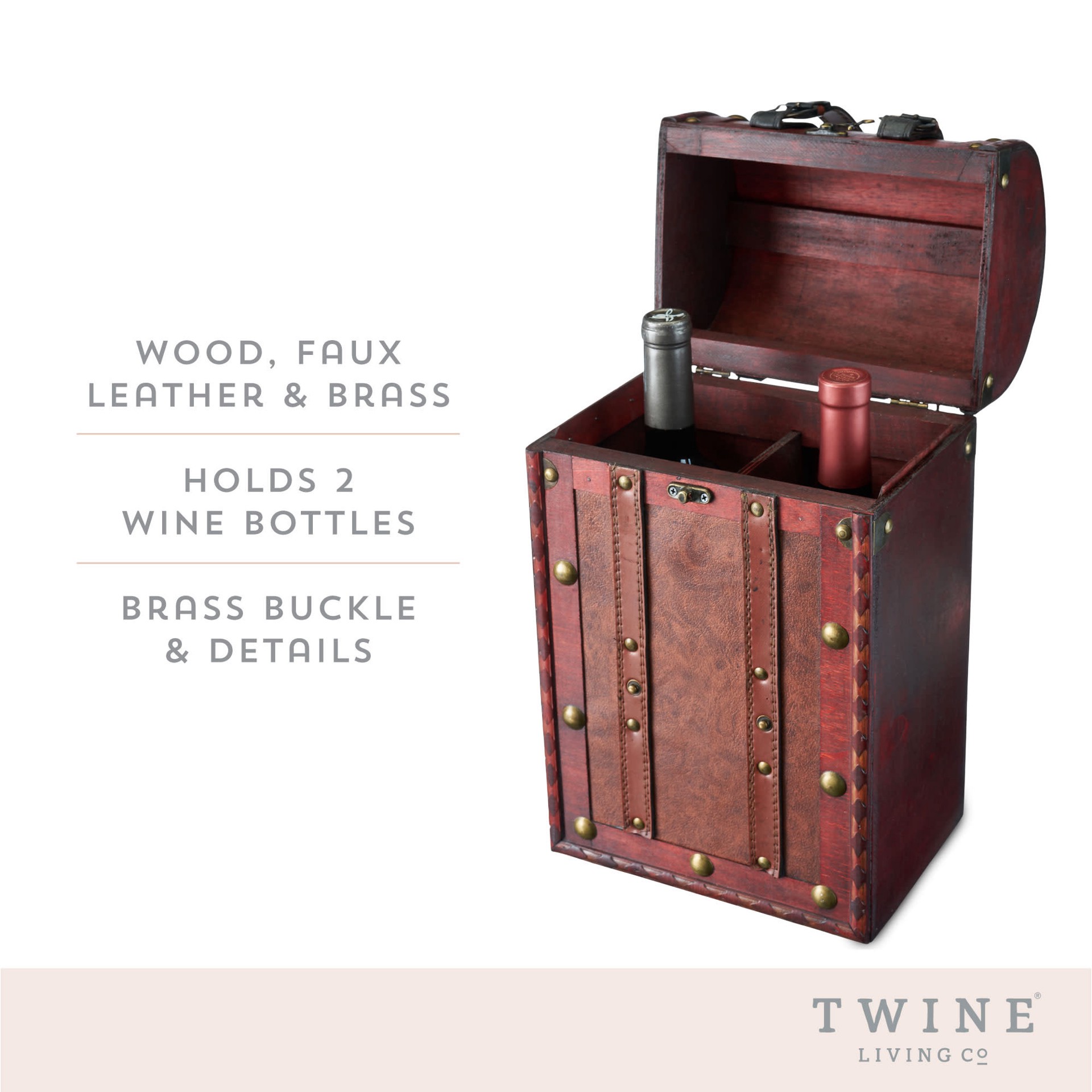slide 4 of 5, Twine Antique 2 Bottle Wooden Decorative Wine Box with Lid and Handle, Wine Accessory Sets, Wood, Faux Leather, Brass Accents, 1 ct