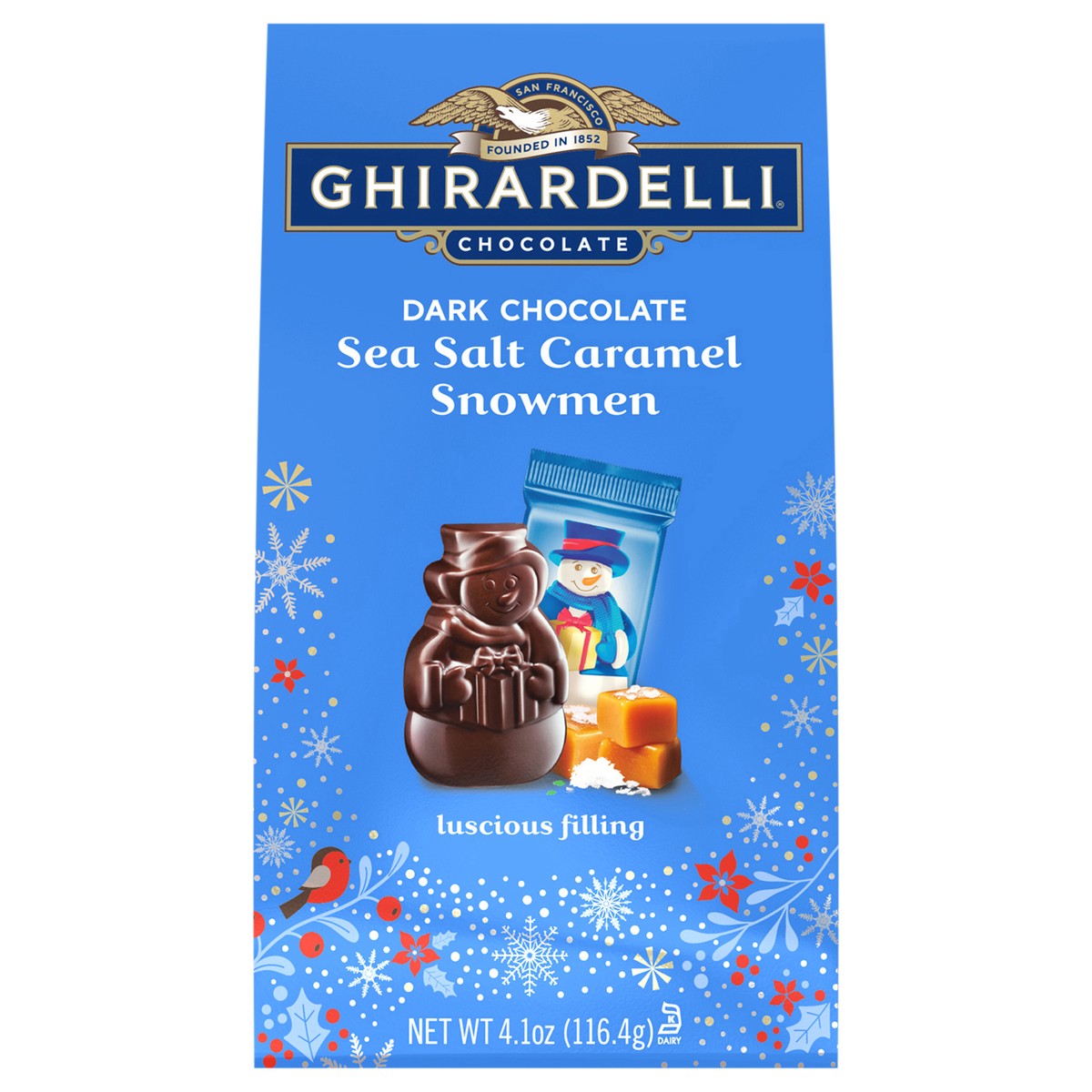 slide 1 of 6, GHIRARDELLI Dark Chocolate Sea Salt Caramel Snowmen, 4.1 oz Bag, 4.1 oz