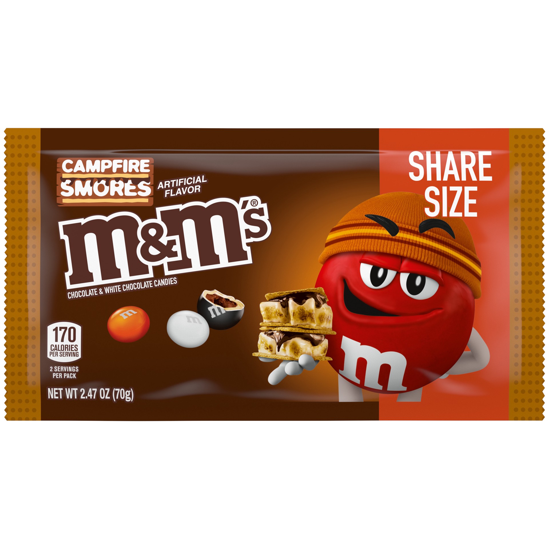 slide 1 of 8, M&M's Campfire Smores White and Milk Chocolate Halloween Candy, Share Size, 2.47 Oz Bag, 2.47 oz