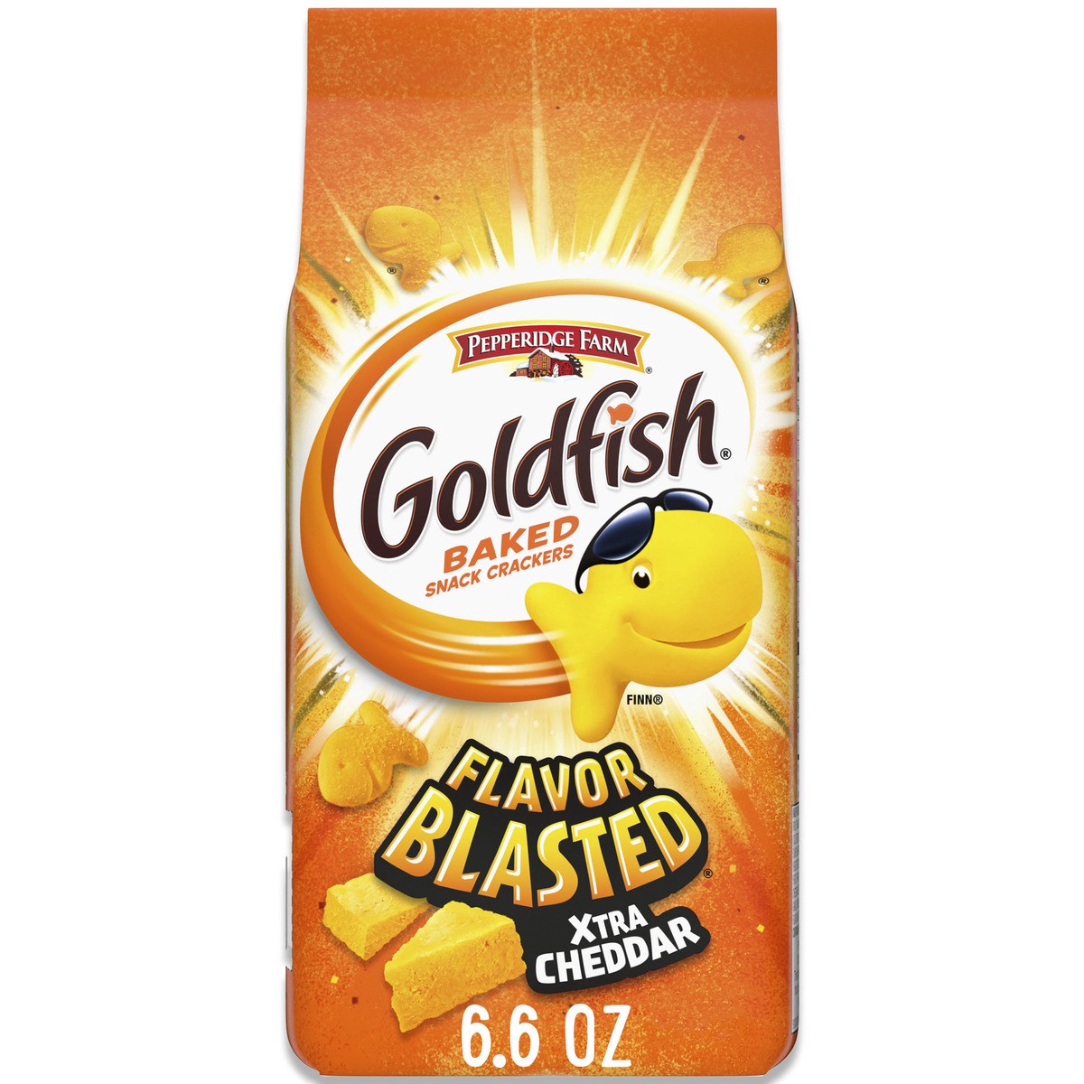 slide 1 of 5, Goldfish Flavor Blasted Xtra Cheddar Cheese Crackers, 6.6 Oz Bag, 6.600 oz