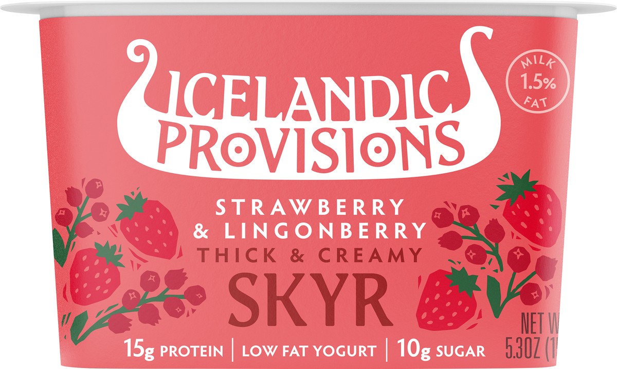 slide 3 of 3, Icelandic Provisions Strawberry & Lingonberry Thick & Creamy Low Fat Skyr, 5.3 oz