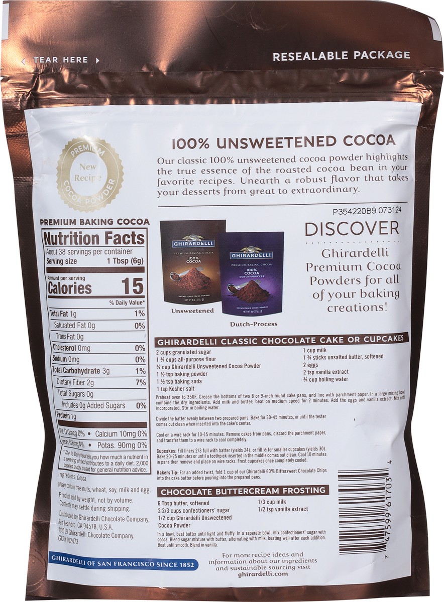 slide 7 of 9, GHIRARDELLI Premium Baking Cocoa 100% Unsweetened Cocoa Powder, 8 oz Bag, 8 oz