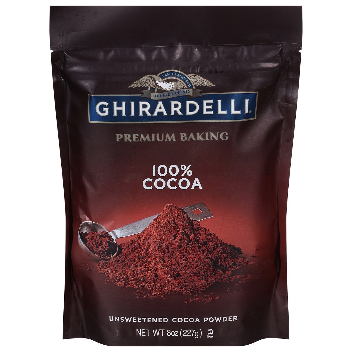 slide 1 of 9, GHIRARDELLI Premium Baking Cocoa 100% Unsweetened Cocoa Powder, 8 oz Bag, 8 oz