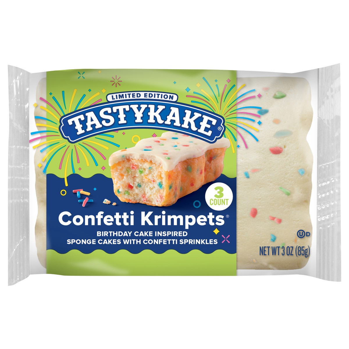slide 2 of 2, Tastykake Confetti Krimpets, Birthday Cake Inspired Snack Cakes, 3 oz, 3 Count, 3 ct