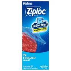 Ziploc Brand Freezer Bags with New Stay Open Design, Quart, 19, Patented Stand-up Bottom, Easy to Fill Freezer Bag, Unloc a Free Set of Hands in the Kitchen, Microwave Safe, BPA Free