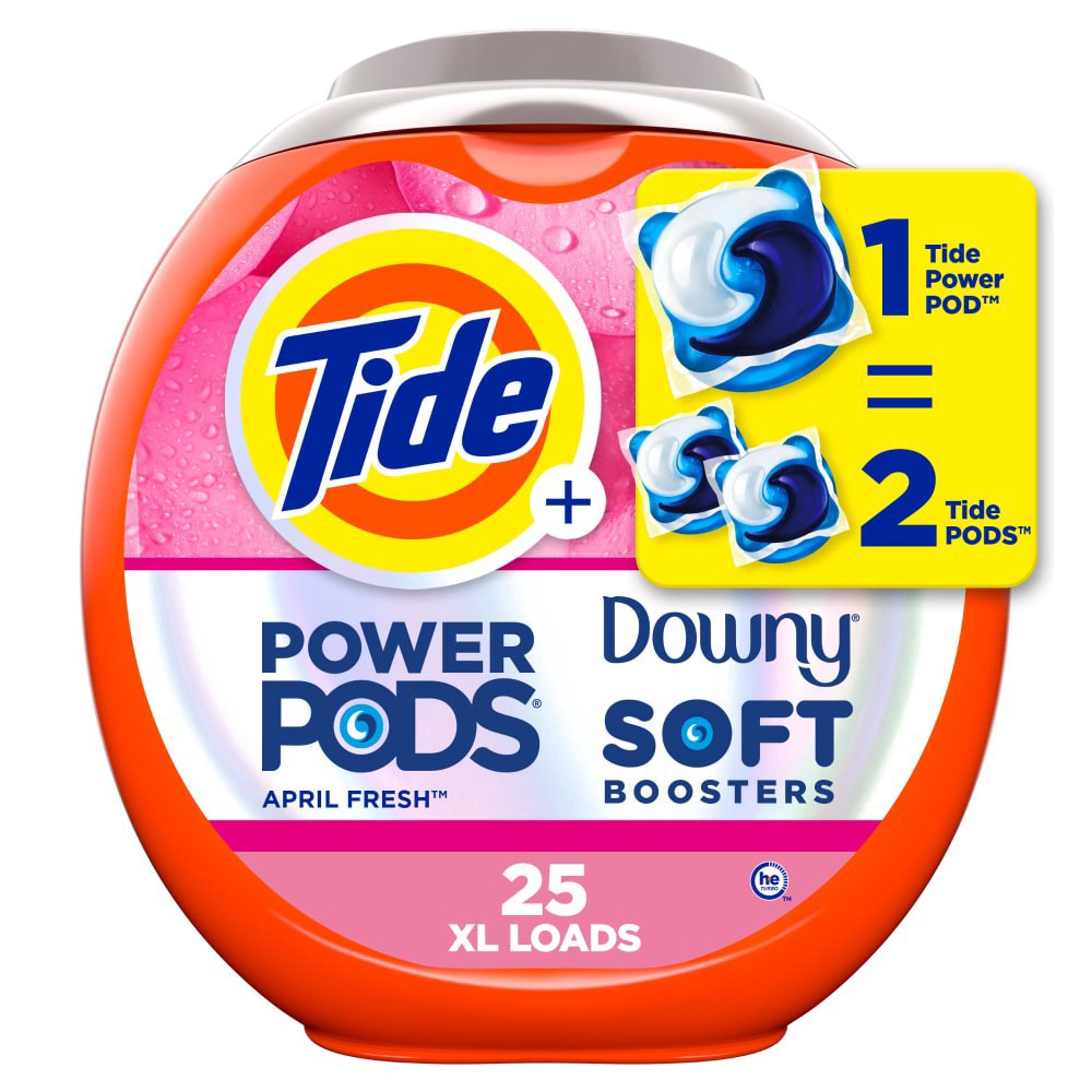slide 4 of 6, Tide Power PODs + Downy Laundry Detergent Pods, 25 Count, Soft Boosters + April Fresh, Detergent soap pacs for Laundry washing, HE compatible, 25 ct
