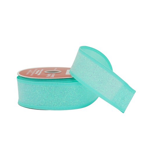 slide 1 of 3, 1.5" X 30ft. Turquoise Glitter Candy Wired Taffeta Ribbon By Celebrate It, 1.5 in x 30 ft