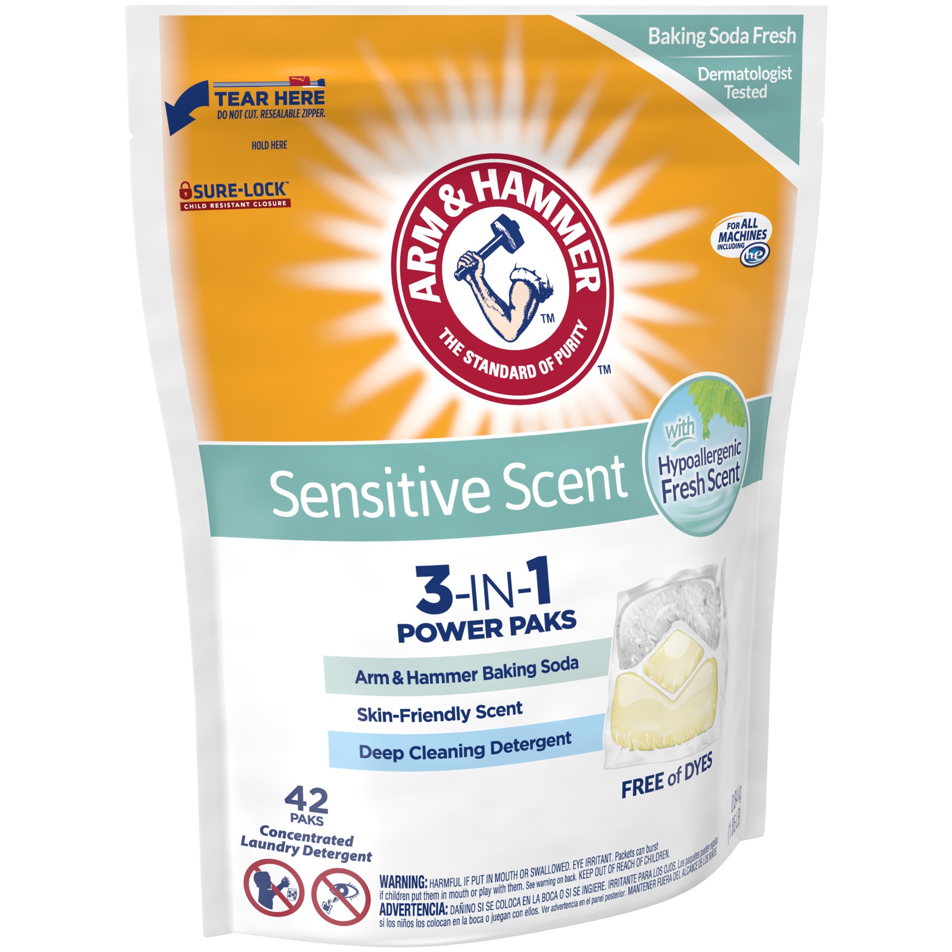 slide 3 of 4, Arm & Hammer Sensitive Scent 3-IN-1 Power Paks, 42 count, 1.85 lb