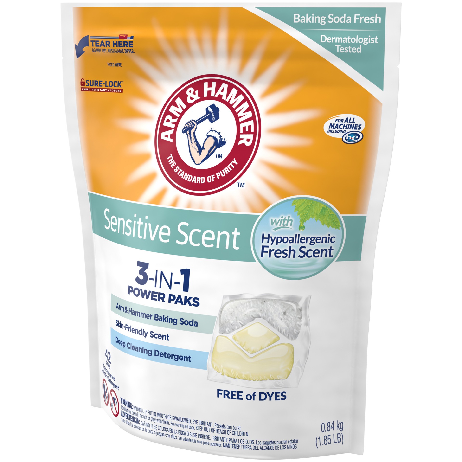 slide 4 of 4, Arm & Hammer Sensitive Scent 3-IN-1 Power Paks, 42 count, 1.85 lb